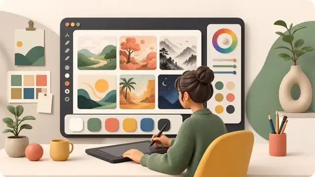 Unified illustration of a designer exploring AI-generated artwork and visual directions