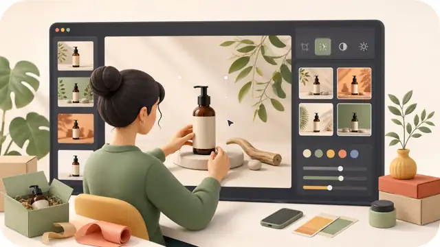 Unified illustration of an e-commerce seller creating product visuals with AI image tools