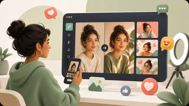 Unified illustration of a social media creator transforming content with AI