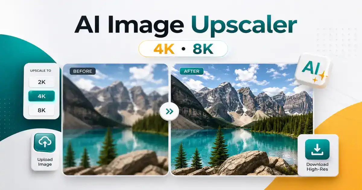 Before and after comparison showing AI image upscaler results from low quality to 4K